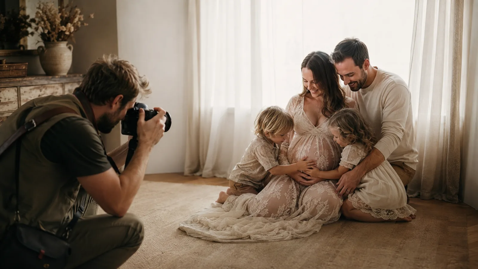 Photographe réalisant une séance photo grossesse et famille dans un intérieur lumineux.