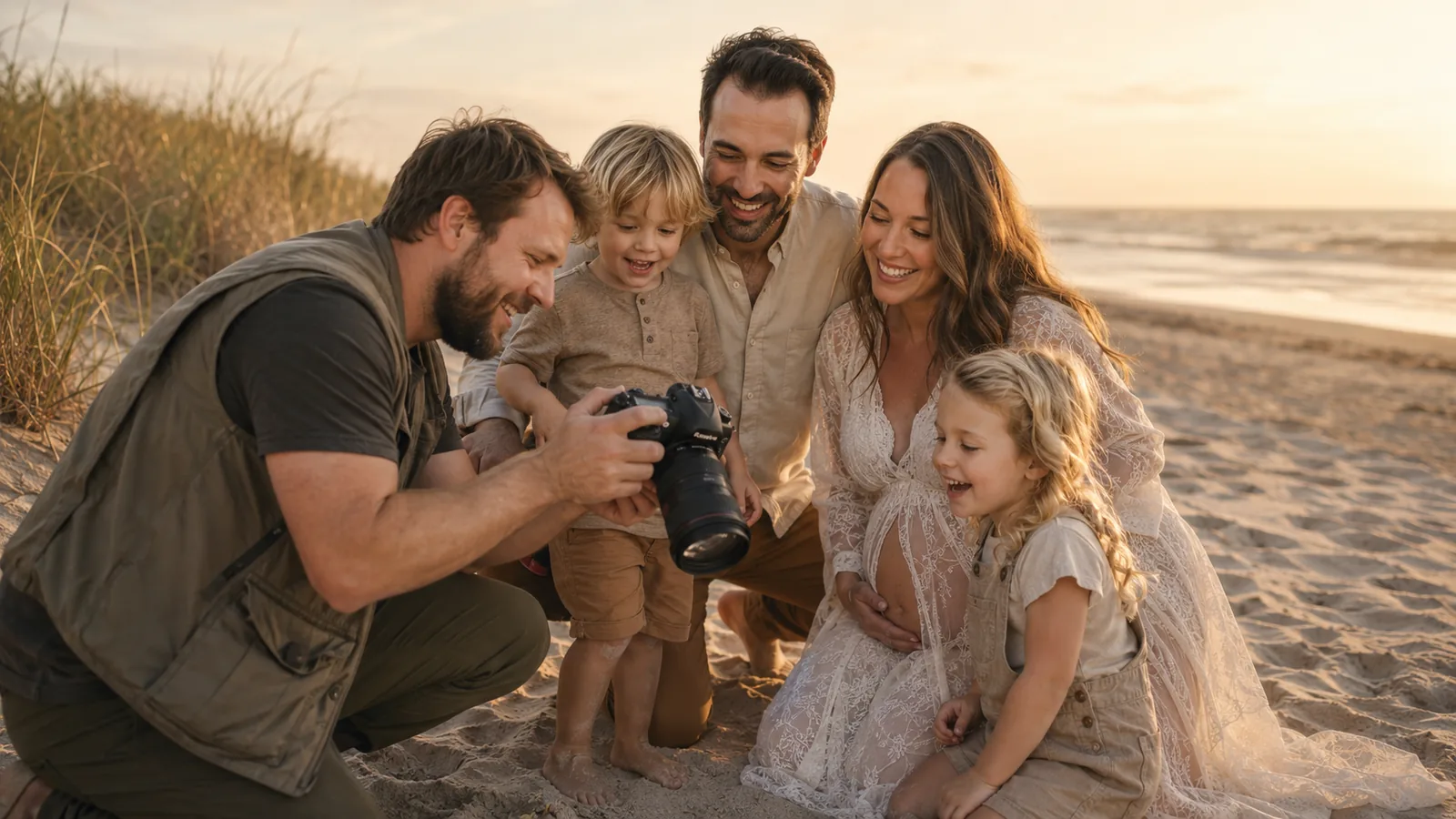 Famille réunie lors d’une séance photo en extérieur au coucher du soleil, dans une ambiance naturelle et lumineuse.
