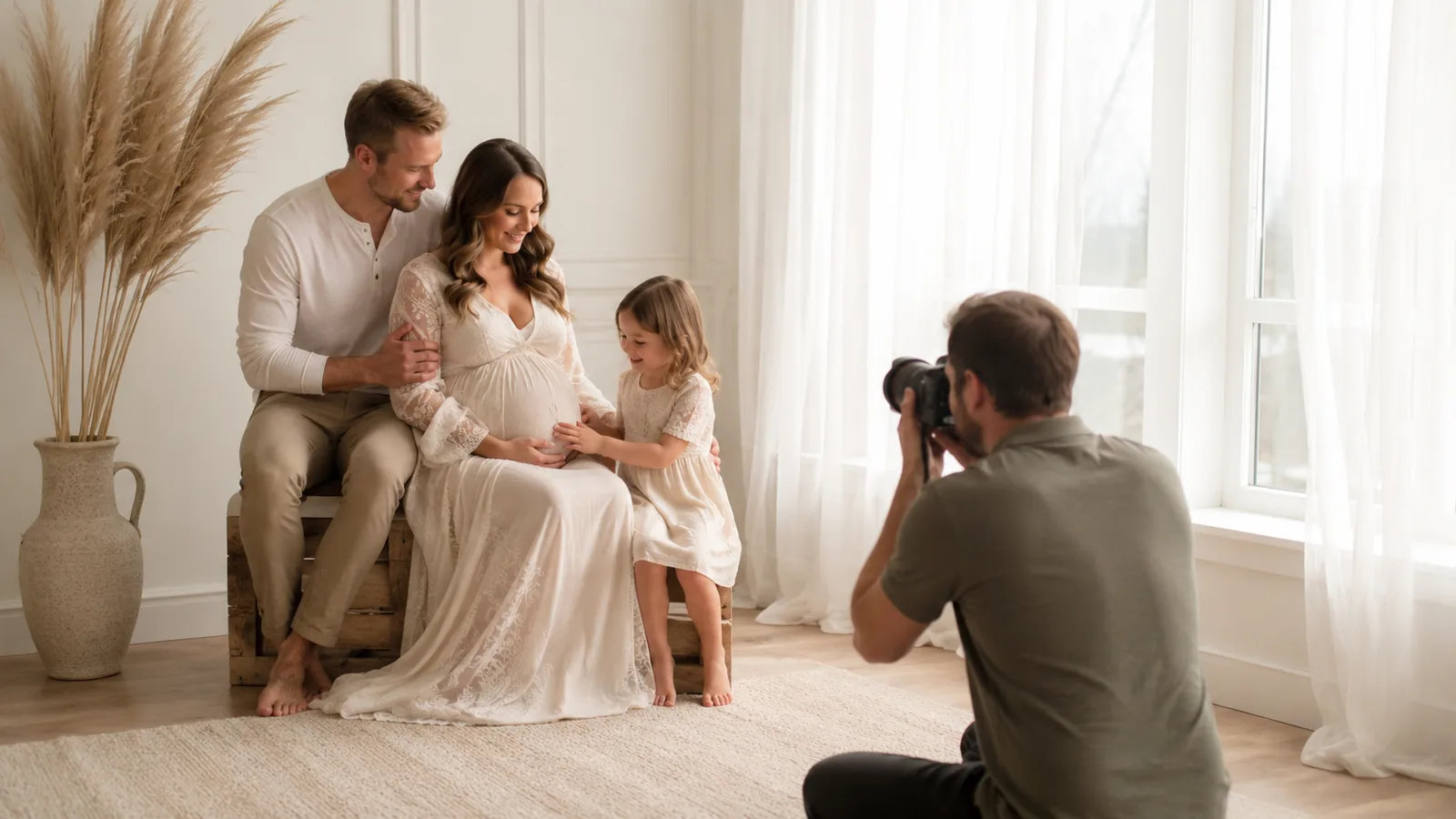 Photographe réalisant une séance photo maternité en famille dans un style lifestyle, naturel et doux.